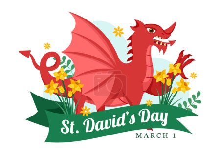 Feliz Día de San David el 1 de marzo Ilustración con dragones galeses y narcisos amarillos para la página de aterrizaje en dibujos animados planos Plantillas dibujadas a mano