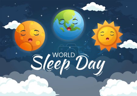 Téléchargez les illustrations : Journée mondiale du sommeil le 17 mars Illustration avec les gens qui dorment et la planète Terre dans le ciel Fond plat dessin animé dessiné à la main pour les modèles de page d'atterrissage - en licence libre de droit