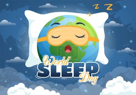 Ilustración de Día Mundial del Sueño el 17 de marzo Ilustración con la gente durmiendo y el planeta Tierra en el cielo fondos Plano de dibujos animados dibujado a mano para plantillas de página de aterrizaje - Imagen libre de derechos