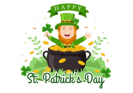 Illustration for Happy St Patricks Day Illustration with Kids, Golden Coins, Green Hat, Leprechauns and Shamrock in Flat Cartoon Hand Drawn for Landing Page Templates - Royalty Free Image