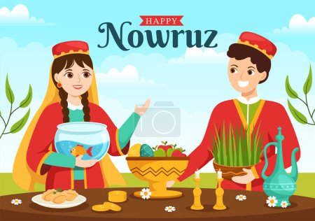 Téléchargez les illustrations : Happy Nowruz Day or Iranian New Year Illustration with Grass Semeni and Fish for Web Banner or Landing Page in Flat Cartoon Hand Drawn Templates - en licence libre de droit