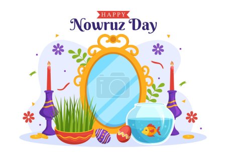 Téléchargez les illustrations : Happy Nowruz Day ou Nouvel An iranien Illustration avec Semeni d'herbe et poisson pour bannière Web ou page d'atterrissage dans des modèles dessinés à la main de dessin animé plat - en licence libre de droit