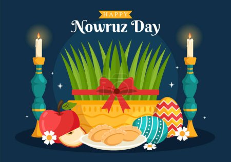 Téléchargez les illustrations : Happy Nowruz Day or Iranian New Year Illustration with Grass Semeni and Fish for Web Banner or Landing Page in Flat Cartoon Hand Drawn Templates - en licence libre de droit