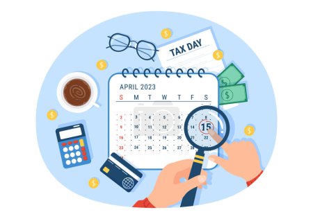 Illustration for Tax Day Illustration with Clipboard Form, Clock, Calendar and Coins Money for Web Banner or Landing Page in Flat Cartoon Hand Drawn Templates - Royalty Free Image