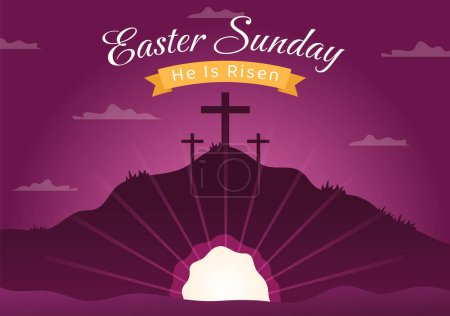 Joyeux dimanche de Pâques Illustration avec Jésus, il est ressuscité et célébration de la résurrection pour bannière Web ou page d'atterrissage dans des modèles dessinés à la main