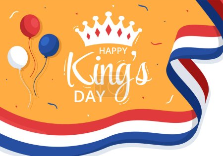 Happy Kings Netherlands Day Illustration mit wehenden Fahnen und Königsfeier für Web Banner oder Landing Page in flachen handgezeichneten Cartoon-Vorlagen