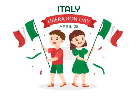 Ilustración de Italy Liberation Day Illustration with Kids, Holiday Celebrate on April 25 and Wave Flag Italian in Flat Cartoon Hand Drawn for Landing Page Templates - Imagen libre de derechos