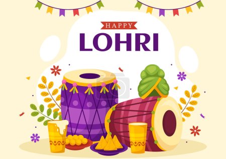Happy Lohri Festival of Punjab India Illustration with Playing Dance and Celebration Bonfire in Flat Cartoon Hand Drawn for Landing Page Templates