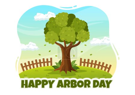Téléchargez les illustrations : Happy Arbor Day on April 28 Illustration with Green Tree, Garden Tools and Nature Environment in Flat Cartoon Hand Drawn for Landing Page Templates - en licence libre de droit