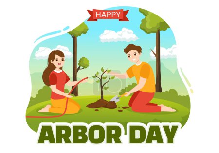 Téléchargez les illustrations : Happy Arbor Day on April 28 Illustration with Green Tree, Garden Tools and Nature Environment in Flat Cartoon Hand Drawn for Landing Page Templates - en licence libre de droit