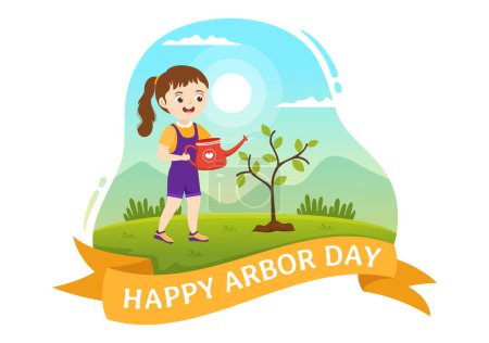 Téléchargez les illustrations : Happy Arbor Day on April 28 Illustration with Kids Planting a Tree and Nature Environment in Flat Cartoon Hand Drawn for Landing Page Templates - en licence libre de droit