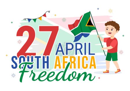 Illustration for Happy Freedom Day South Africa on April 27th Illustration with Kids Carrying Waving Flag for Landing Page in Hand Drawn Background Template - Royalty Free Image