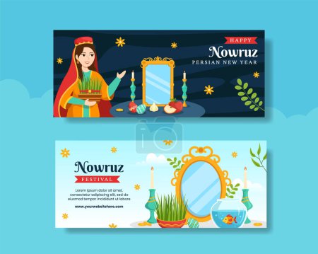 Téléchargez les illustrations : Happy Nowruz Day Horizontal Banner Flat Cartoon Modèles dessinés à la main Illustration de fond - en licence libre de droit