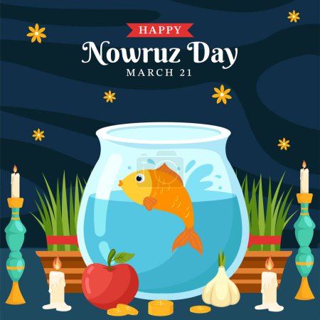 Téléchargez les illustrations : Happy Nowruz Day Médias sociaux Illustration de fond Dessin animé plat à la main Modèles dessinés - en licence libre de droit