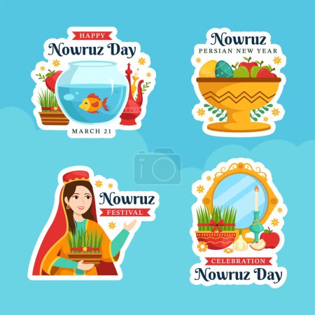 Téléchargez les illustrations : Happy Nowruz Day Étiquette plat dessins animés à la main Modèles Illustration de fond - en licence libre de droit