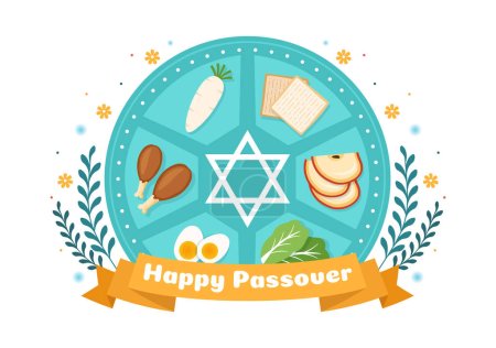 Téléchargez les illustrations : Happy Passover Illustration avec vin, Matzah et Pessah vacances juives pour bannière Web ou page d'atterrissage dans des modèles dessinés à la main de dessin animé plat - en licence libre de droit