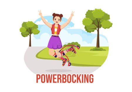 Téléchargez les illustrations : Illustration de sport Powerbocking avec bottes sautantes pour bannière Web ou page d'atterrissage dans des modèles dessinés à la main de dessin animé plat de sports extrêmes - en licence libre de droit
