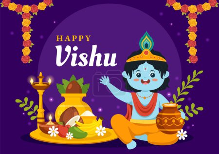 Téléchargez les illustrations : Happy Vishu Festival Illustration avec Kerala Kani traditionnel, Fruits et légumes pour page d'atterrissage dans des modèles dessinés à la main de dessin animé plat - en licence libre de droit