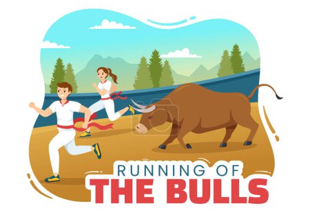 Téléchargez les illustrations : Running of the Bulls Illustration with Bullfighting Show in Arena in Flat Cartoon Hand Drawn for Web Banner or Landing Page Template - en licence libre de droit