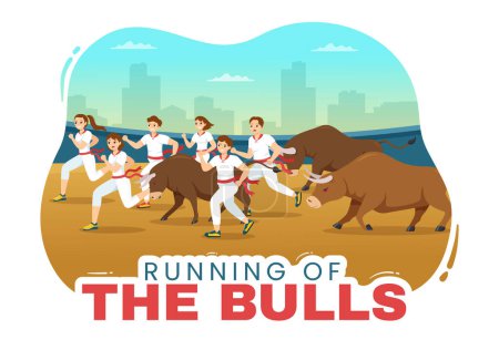 Téléchargez les illustrations : Running of the Bulls Illustration with Bullfighting Show in Arena in Flat Cartoon Hand Drawn for Web Banner or Landing Page Template - en licence libre de droit