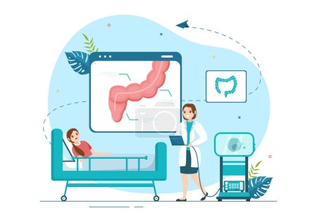 Téléchargez les illustrations : Proctologist or Colonoscopy Illustration with a Doctor Examines of the Colon and Harmful Bacteria in Cartoon Hand Drawn for Landing Page Templates - en licence libre de droit