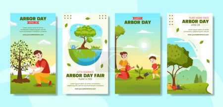 Téléchargez les illustrations : Happy Arbor Day Social Media Stories Cartoon Hand Drawn Templates Background Illustration - en licence libre de droit