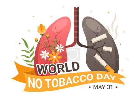 Illustration for World No Tobacco Day Illustration of Stop Smoking, Cigarette Butt and Harm the Lungs in Flat Cartoon Hand Drawn for Landing Page Templates - Royalty Free Image