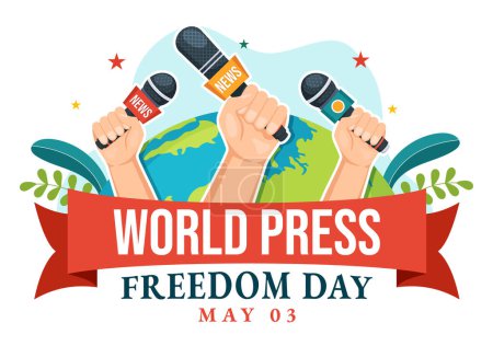 Téléchargez les illustrations : Journée mondiale de la liberté de la presse le 3 mai Illustration avec des mains tenant des nouvelles Microphones pour bannière Web ou page d'atterrissage dans des gabarits dessinés à la main - en licence libre de droit