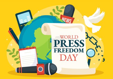 Téléchargez les illustrations : World Press Freedom Day on May 3 Illustration with Hands Holding News Microphones for Web Banner or Landing Page in Flat Cartoon Hand Drawn Templates - en licence libre de droit