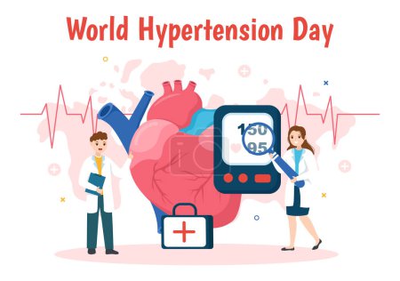 Journée mondiale de l'hypertension artérielle le 17 mai Illustration avec l'hypertension artérielle et l'amour rouge Image en dessin animé plat dessinée à la main pour les modèles de page d'atterrissage