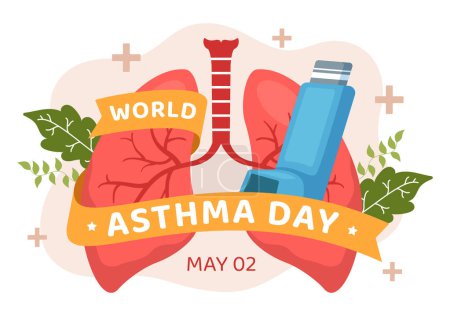 Illustration for World Asthma Day on May 2 Illustration with Inhaler and Health Prevention Lungs in Flat Cartoon Hand Drawn for Web Banner or Landing Page Templates - Royalty Free Image
