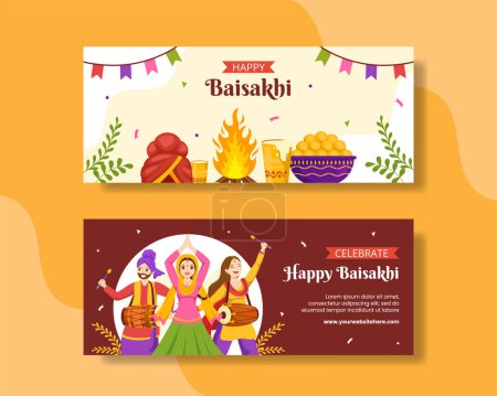 Illustration for Happy Baisakhi Horizontal Banner Flat Cartoon Hand Drawn Templates Background Illustration - Royalty Free Image