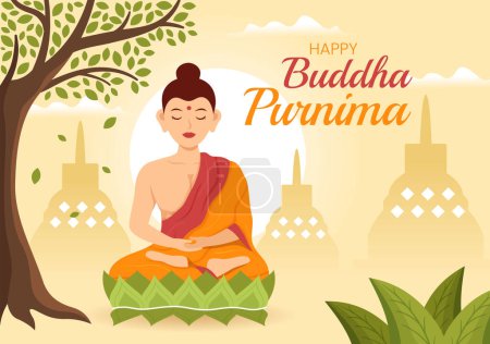 Illustration for Happy Buddha Purnima Illustration with Vesak Day or Indian Festival to Spiritual in Flat Cartoon Hand Drawn for Web Banner or Landing Page Templates - Royalty Free Image