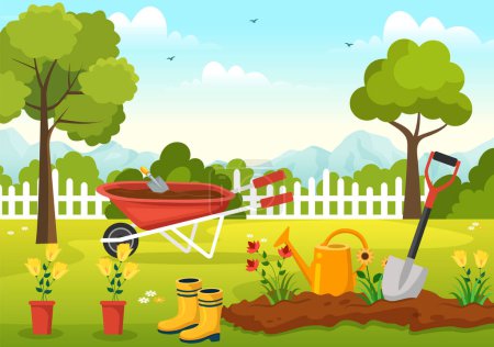 Illustration de jardinier avec outils de jardin, agriculture, cultive des légumes dans le jardin botanique d'été dessin animé plat dessiné à la main pour les modèles de page d'atterrissage