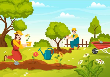 Illustration de jardinier avec outils de jardin, agriculture, cultive des légumes dans le jardin botanique d'été dessin animé plat dessiné à la main pour les modèles de page d'atterrissage
