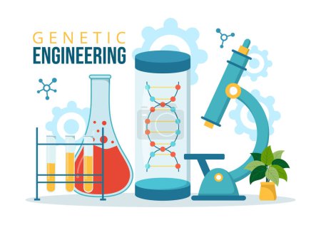Téléchargez les illustrations : Ingénierie génétique et modifications de l'ADN Illustration avec des scientifiques de recherche ou d'expérience en génétique dans des modèles dessinés à la main de dessins animés plats - en licence libre de droit