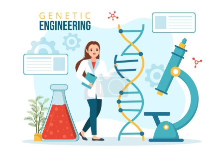 Téléchargez les illustrations : Ingénierie génétique et modifications de l'ADN Illustration avec des scientifiques de recherche ou d'expérience en génétique dans des modèles dessinés à la main de dessins animés plats - en licence libre de droit