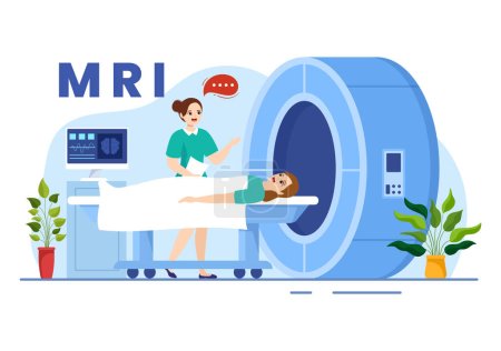 Téléchargez les illustrations : Illustration d'IRM ou d'imagerie par résonance magnétique avec médecin et patient lors d'un examen médical et d'une tomodensitométrie dans des modèles dessinés à la main à dessin animé plat - en licence libre de droit