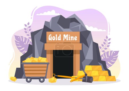 Téléchargez les illustrations : Illustration de mines d'or avec l'activité de l'industrie minière pour le trésor, la pile de pièces, de bijoux et de pierres précieuses dans des dessins animés à la main Modèles de page d'atterrissage - en licence libre de droit