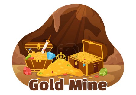 Goldminen-Illustration mit Aktivitäten der Bergbauindustrie für Schätze, Stapel von Münzen, Schmuck und Edelsteinen in flachen Cartoon-Vorlagen für die Landing Page
