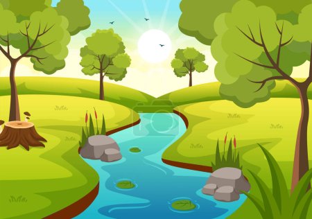 Téléchargez les illustrations : Illustration de paysages fluviaux avec vue Montagnes, champs verts, arbres et forêts entourant les rivières en dessins animés à la main - en licence libre de droit