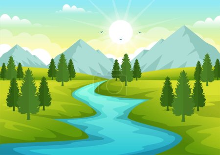 Illustration for River Landscape Illustration with View Mountains, Green Fields, Trees and Forest Surrounding the Rivers in Flat Cartoon Hand Drawn Templates - Royalty Free Image