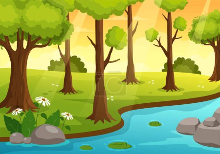 Illustration de paysages fluviaux avec vue Montagnes, champs verts, arbres et forêts entourant les rivières en dessins animés à la main