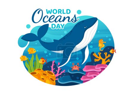 Ilustración de Ilustración del Día Mundial de los Océanos para ayudar a proteger y conservar el océano, los peces, el ecosistema o las plantas marinas en dibujos animados planos dibujados a mano para plantillas de página de aterrizaje - Imagen libre de derechos