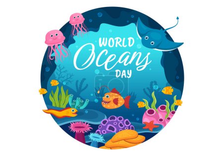 Téléchargez les illustrations : Illustration de la Journée mondiale des océans pour aider à protéger et à conserver les océans, les poissons, les écosystèmes ou les plantes marines dans une bande dessinée à plat dessinée à la main pour les modèles de page d'atterrissage - en licence libre de droit