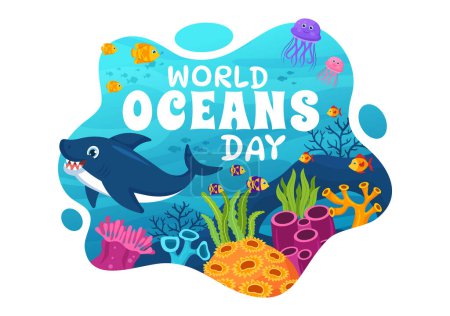 Téléchargez les illustrations : Illustration de la Journée mondiale des océans pour aider à protéger et à conserver les océans, les poissons, les écosystèmes ou les plantes marines dans une bande dessinée à plat dessinée à la main pour les modèles de page d'atterrissage - en licence libre de droit