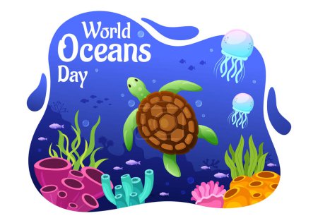 Illustration for World Oceans Day Illustration to Help Protect and Conserve Ocean, Fish, Ecosystem or Sea Plants in Flat Cartoon Hand Drawn for Landing Page Templates - Royalty Free Image