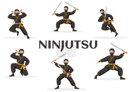 Ilustración del vector de Ninjutsu con el carácter Ninja Shinobi de Japón en el estilo plano de la historieta Plantillas de fondo de página de aterrizaje dibujadas a mano