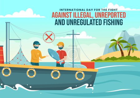Illustration for International Day for the Fight Against Illegal, Unreported and Unregulated Fishing Vector Illustration with Rod Fish in Flat Hand Drawn Templates - Royalty Free Image