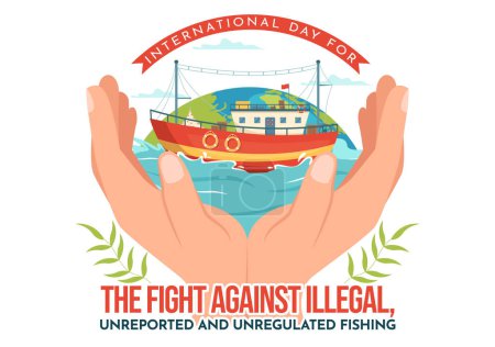 Illustration for International Day for the Fight Against Illegal, Unreported and Unregulated Fishing Vector Illustration with Rod Fish in Flat Hand Drawn Templates - Royalty Free Image